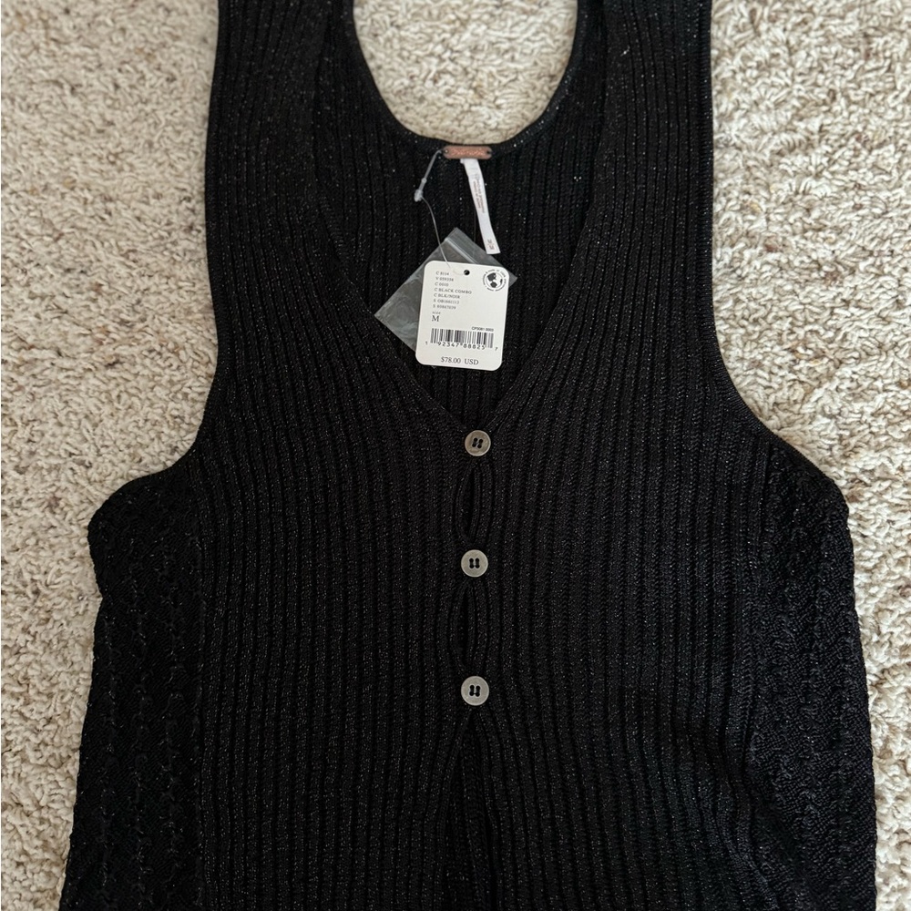 Black Sleeveless Knit Top With Metallic Gold Accents